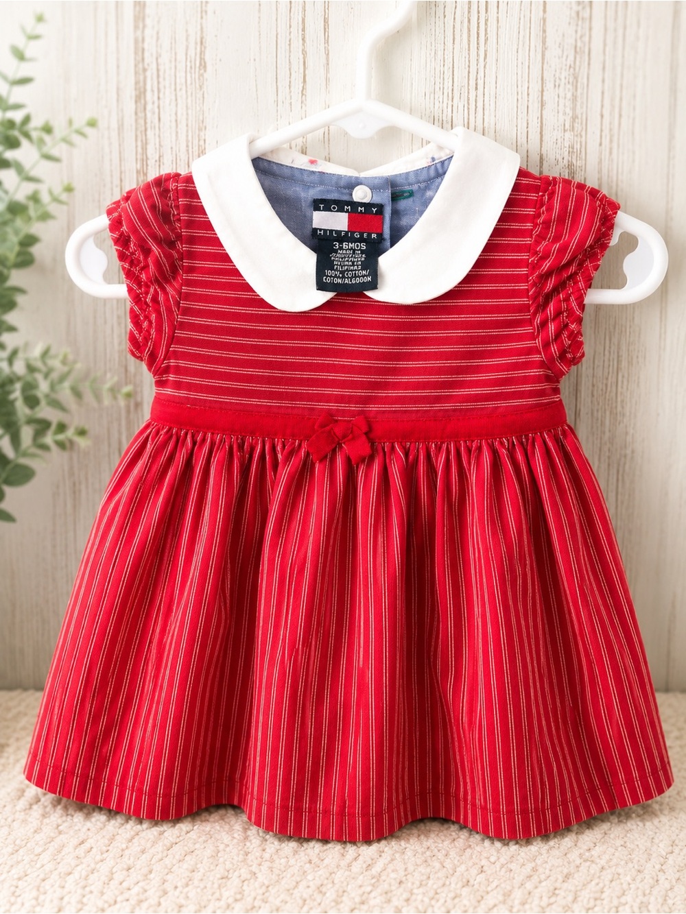 90s Tommy Hilfiger Vintage Red Striped Dress with White Peter Pan Collar